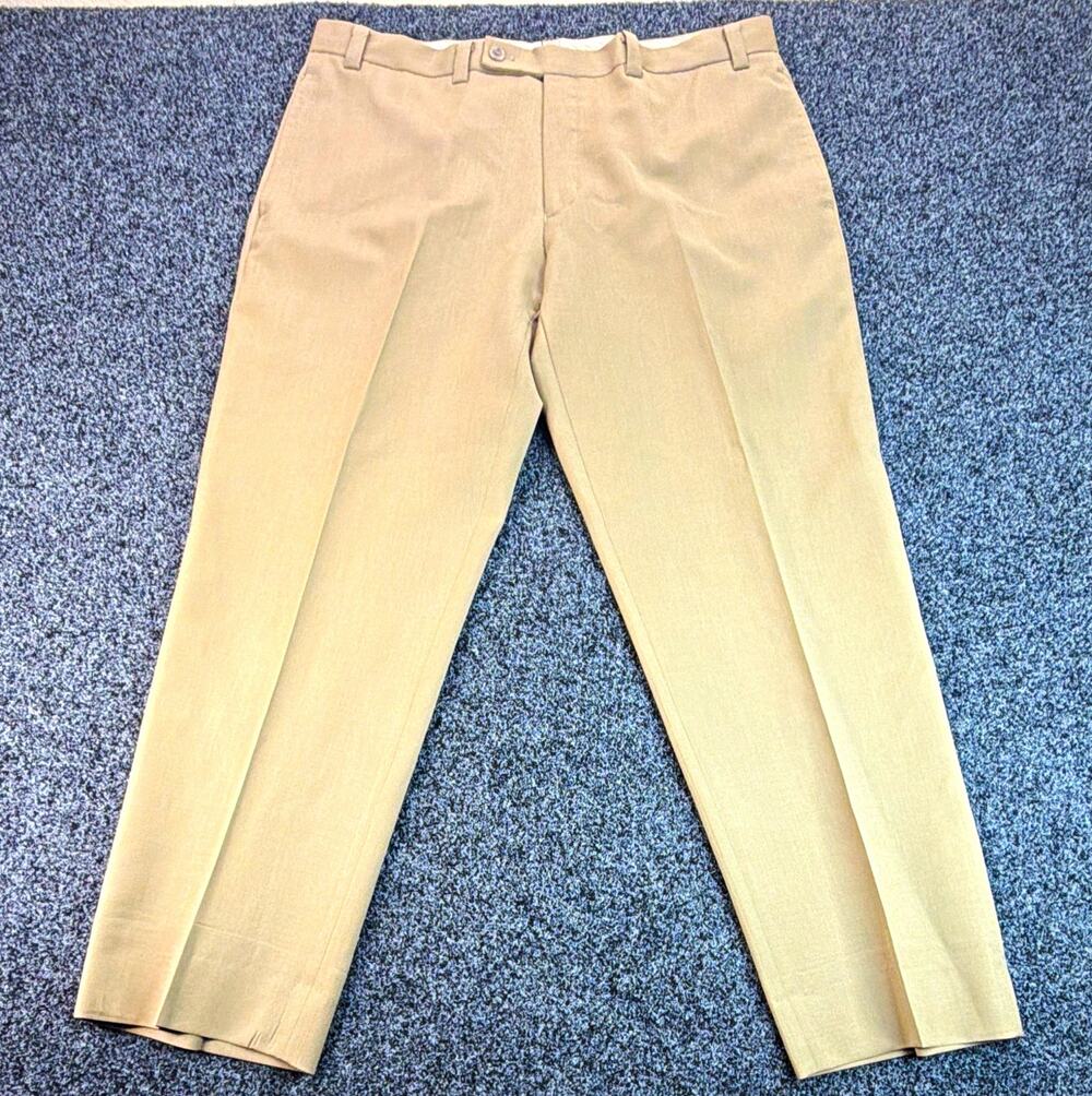 Calvin Klein Men's Flat Front Dress Pants Beige Solid Button Waist 36